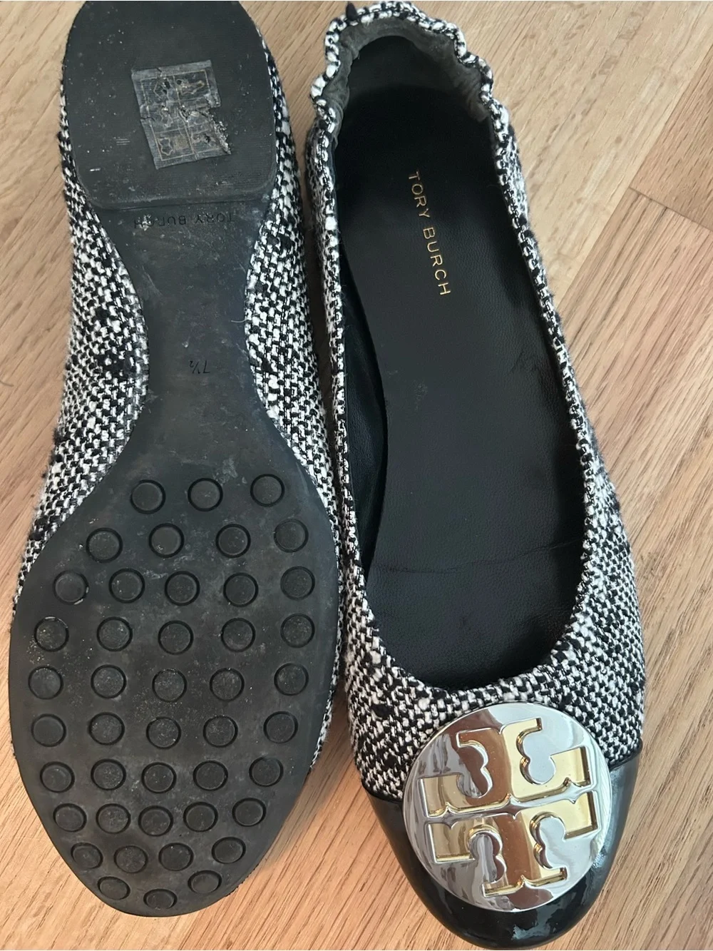 Tory Burch Black & White Tweed Ballet Flats with Gold Logo Cap